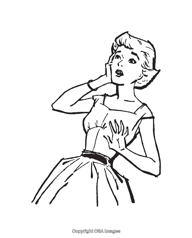 Vintage Line Art Illustration of a Surprised Woman in Retro Style