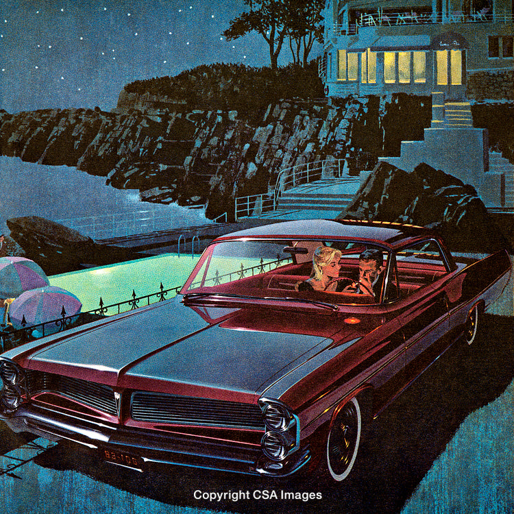 Vintage Nighttime Scene of a Classic Car by the Seaside
