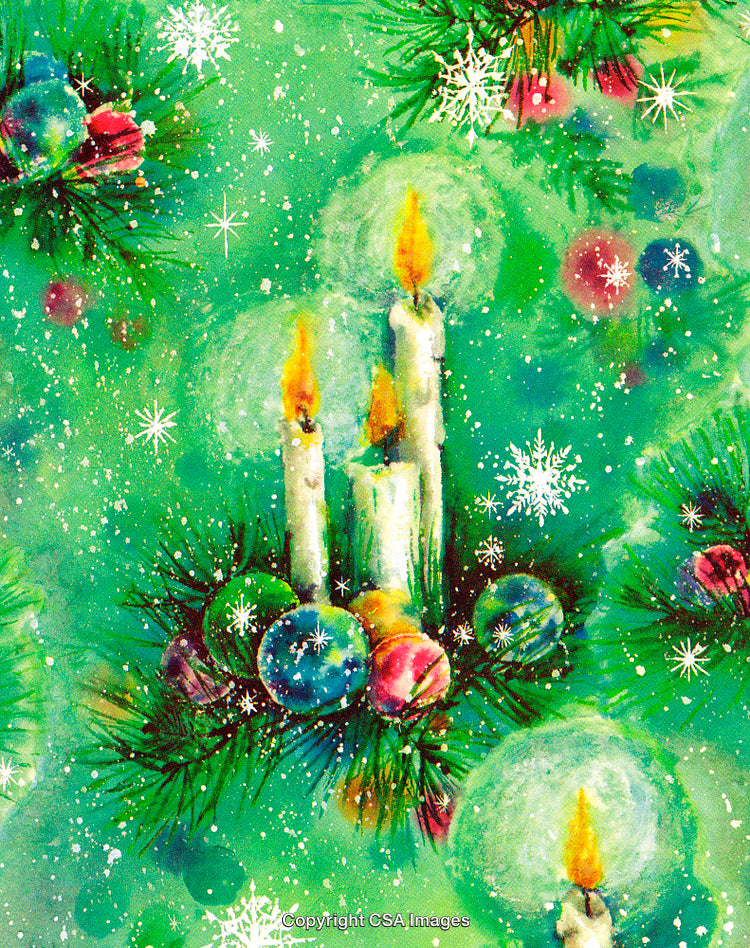Christmas Candles and Ornaments on Green Holiday Background