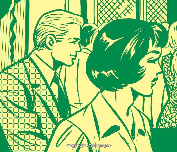 Retro Illustration of a Thoughtful Couple in a Social Gathering