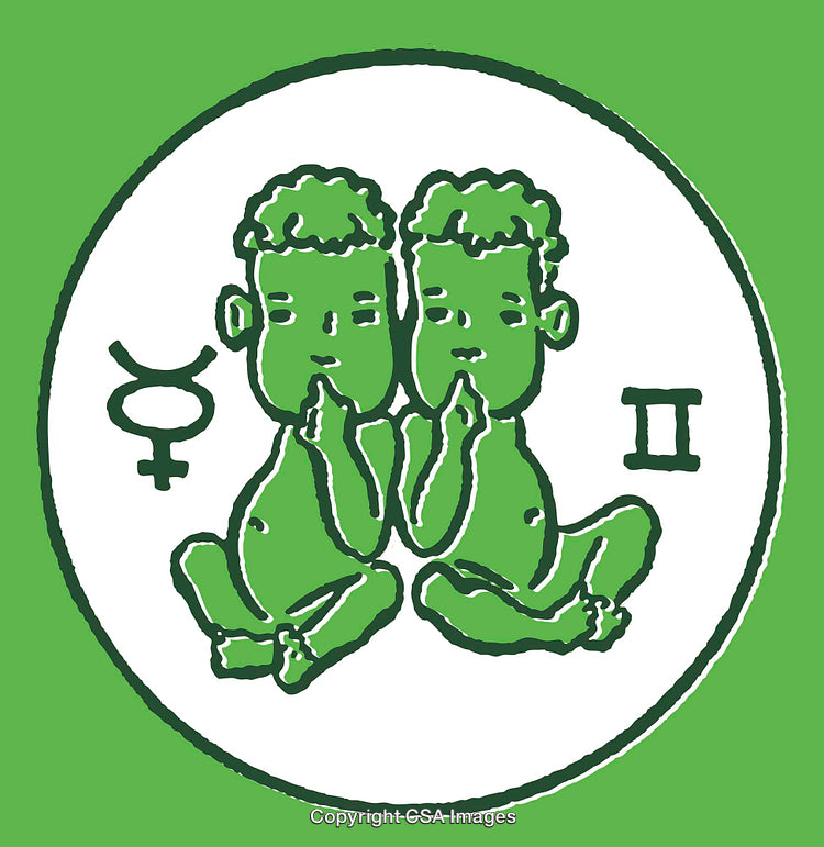 Green Line Art Gemini Zodiac Symbol with Twins Depiction and Icons
