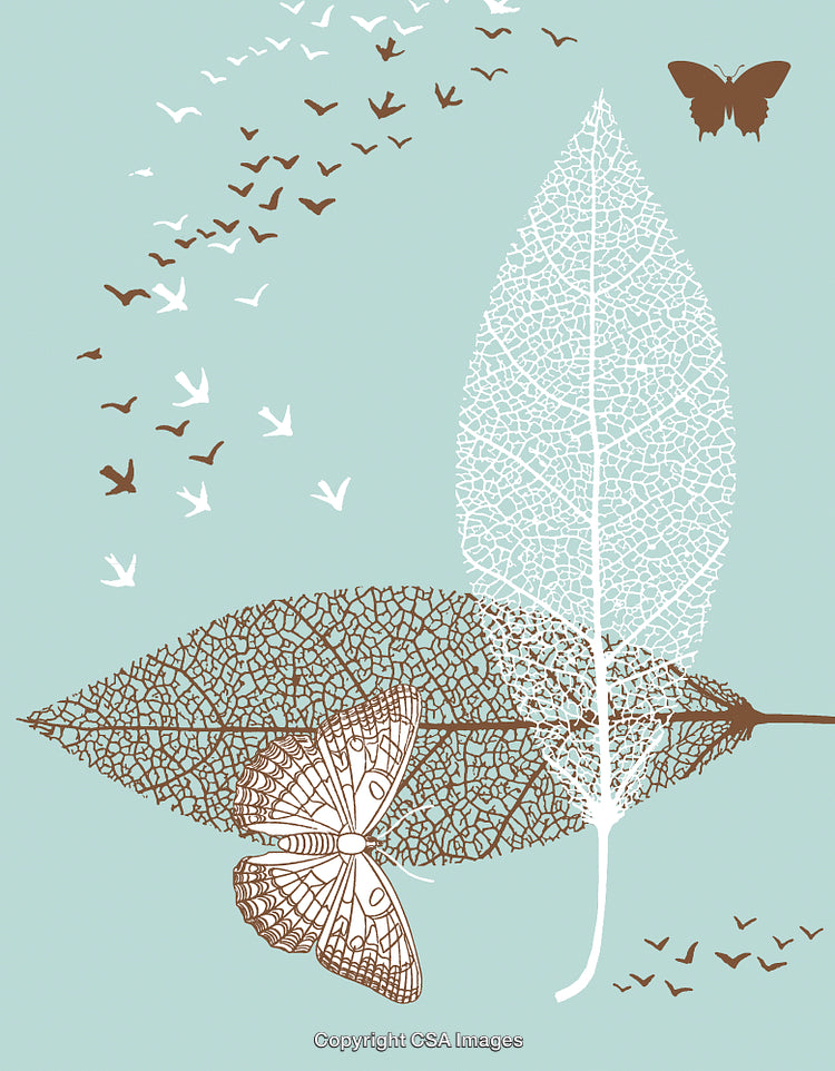 Elegant Minimalist Illustration Featuring Leaves, Butterflies, and Birds in Motion