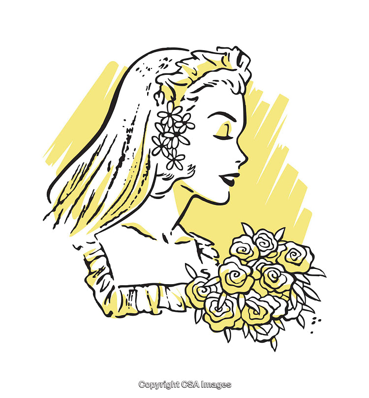 Elegant Line Art Illustration of a Bride Holding a Bouquet of Roses