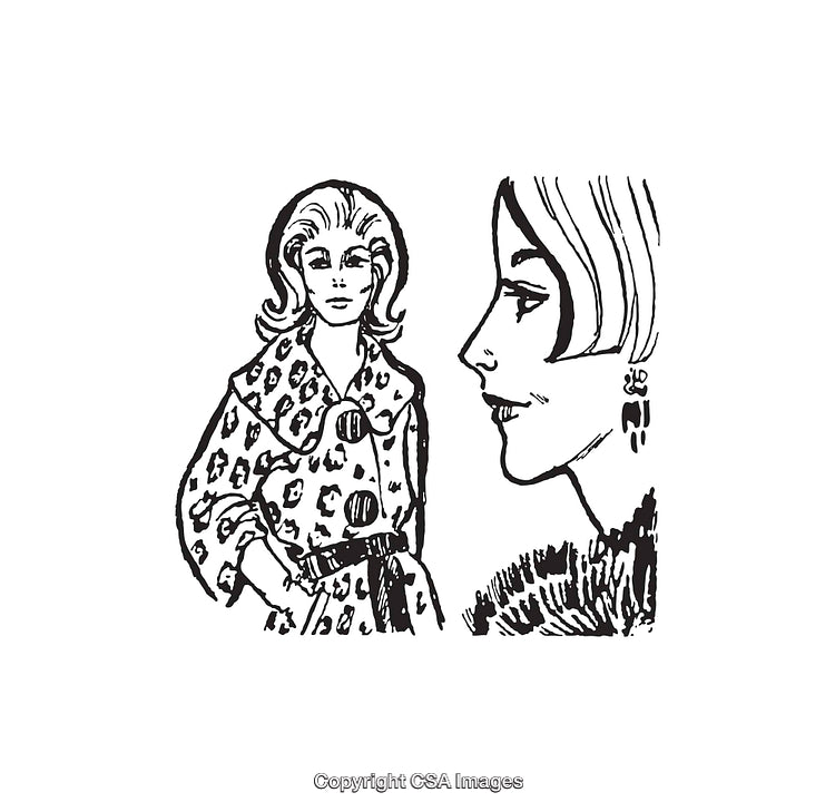 Black and White Line Art Illustration of Two Women in Vintage Style
