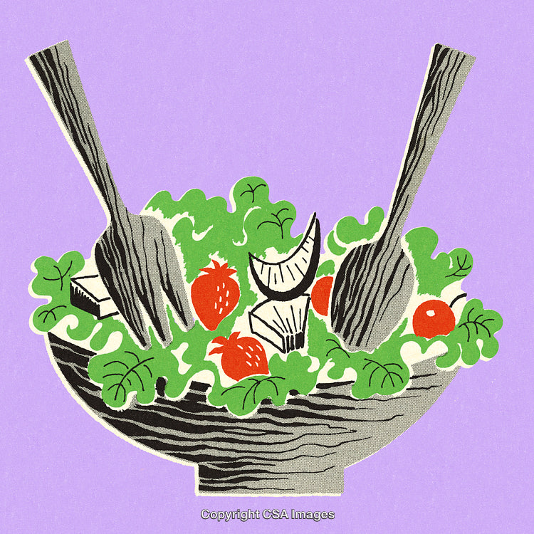 Illustrated Fresh Salad Bowl With Vibrant Ingredients and Wooden Utensils