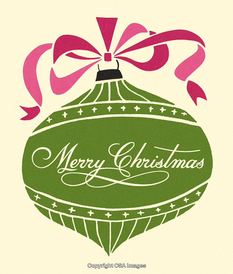 Green Christmas Ornament With Merry Christmas Ribbon on Beige Background