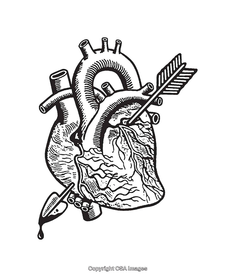 Black and White Line Art of a Heart Pierced by an Arrow