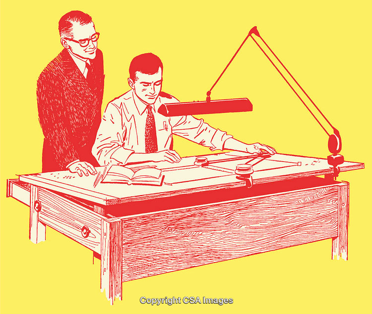 Two Professionals Collaborating at an Office Drafting Table Workstation