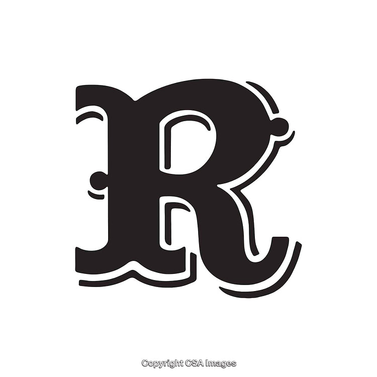 Stylized Black Letter R in Bold Decorative Typography on a White Background
