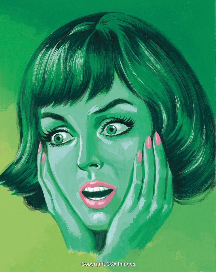 Illustration of a Surprised Woman in a Bold Green and Pink Color Style