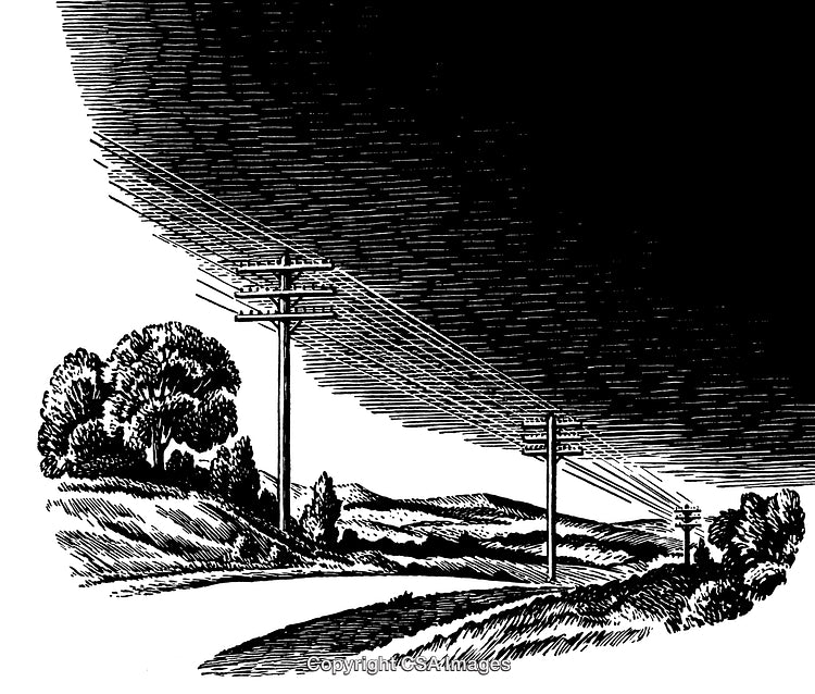 Detailed Black and White Engraving of Telegraph Poles in a Rural Landscape