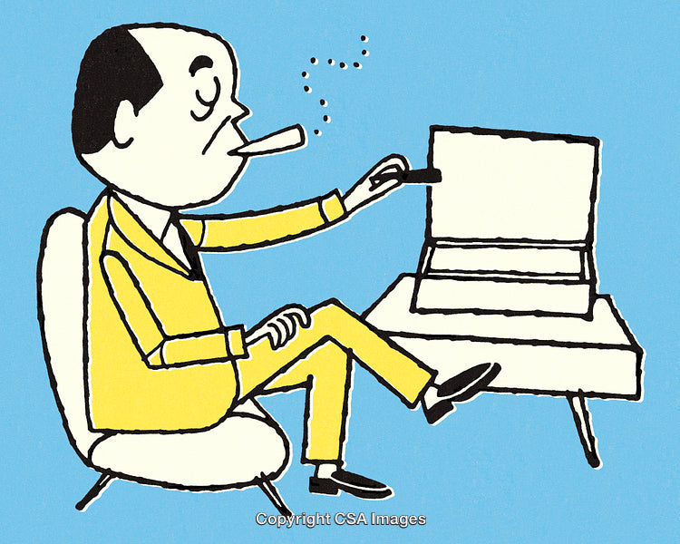 Cartoon Man Smoking a Cigarette Sitting on a Chair with a Blue Background