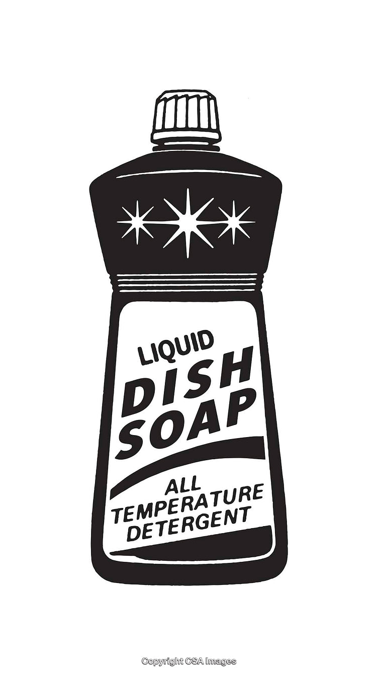 Black And White Illustration of Liquid Dish Soap Bottle with Label Text