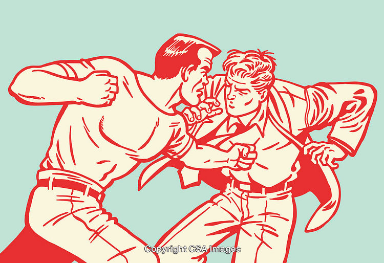 Retro Styled Graphic Art Depicting a Physical Confrontation Between Two Characters