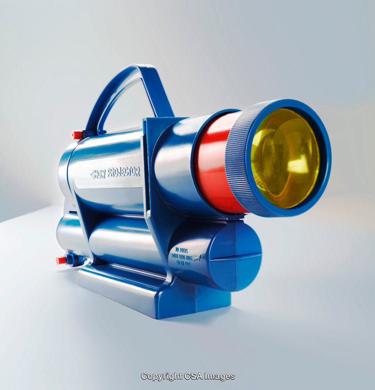 Vintage Blue Toy Projector With Yellow Lens on Neutral Background