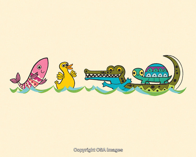 Colorful Illustration of Animals Playing Together in Water