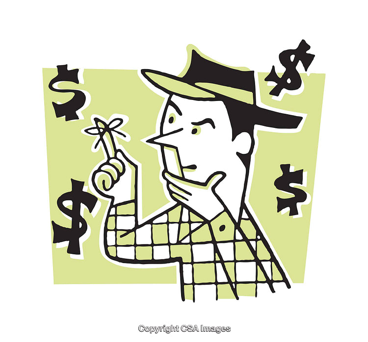 Man Contemplating Financial Decisions with Monetary Symbols in the Background