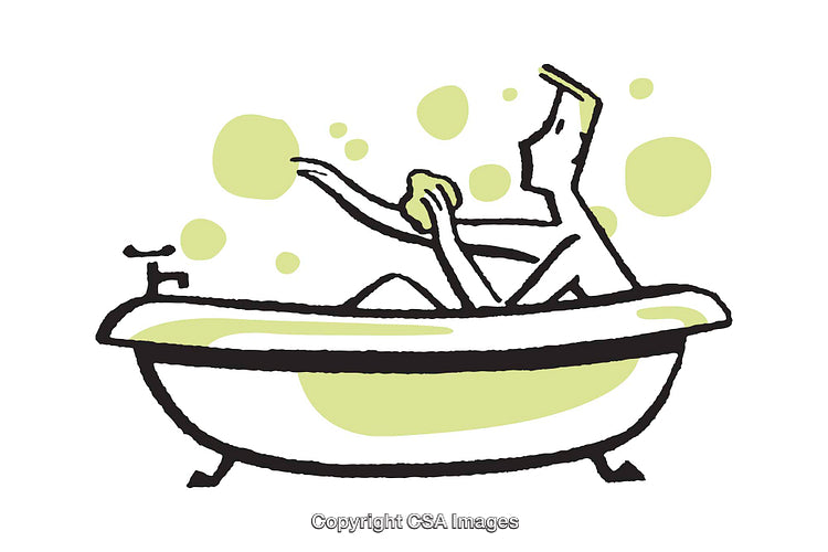Minimalist Illustration of Relaxing Individual in a Bathtub with Soap Bubbles