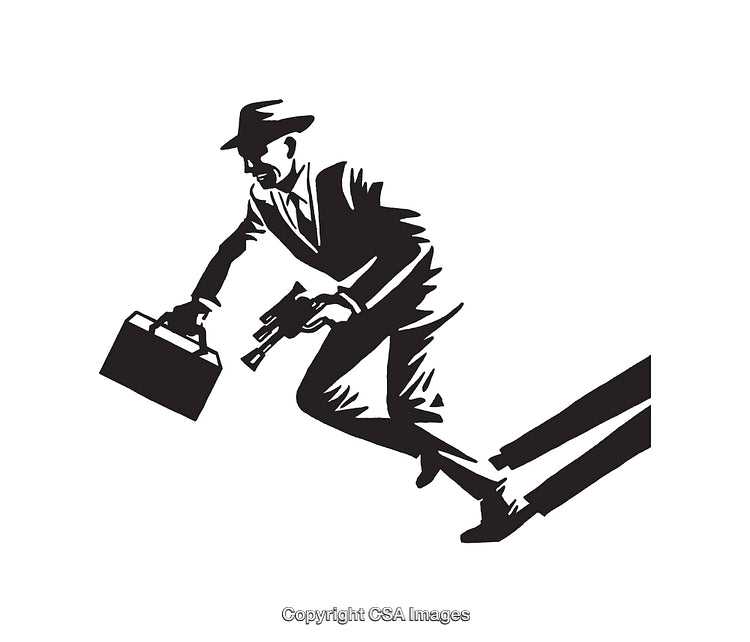 Retro Spy Figure Holding Gun and Briefcase in Motion