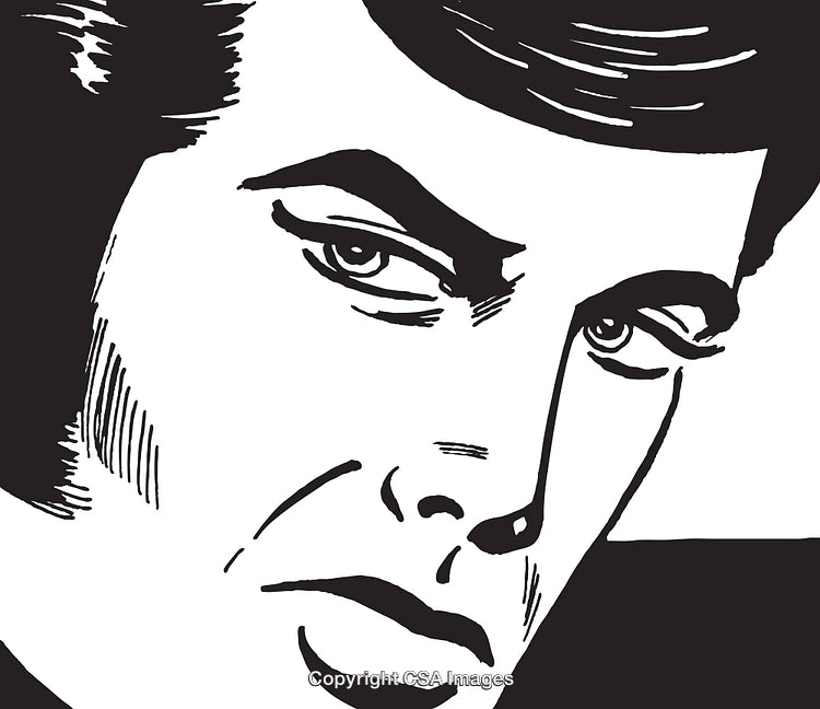 Monochrome Portrait Illustration of a Pensive Male Face in Retro Style