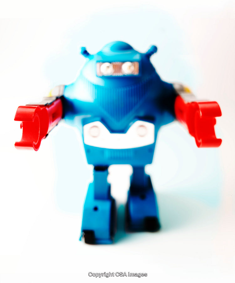 Blue Plastic Robot Toy Figure with Red Arms on a White Background