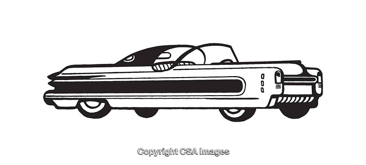 Retro Line Art Illustration of a Stylized Futuristic Car in Black and White