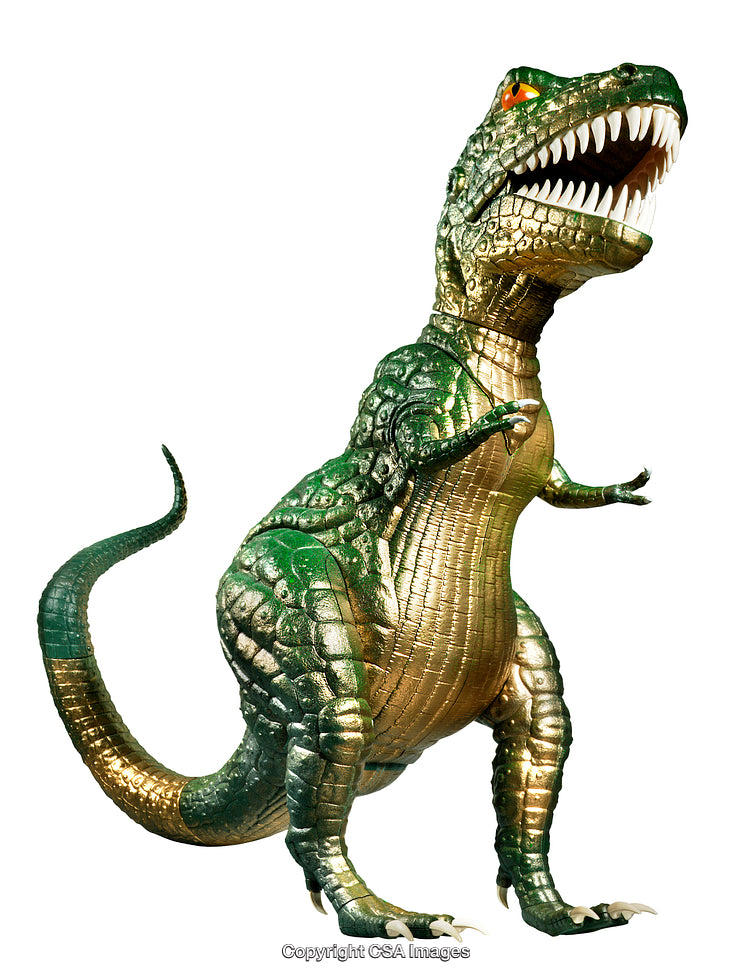 Detailed Green and Gold T-Rex Dinosaur Toy on White Background