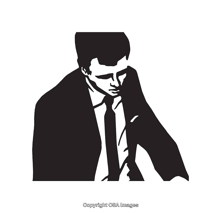 Black and White Line Art Illustration of a Pensive Man in Suit