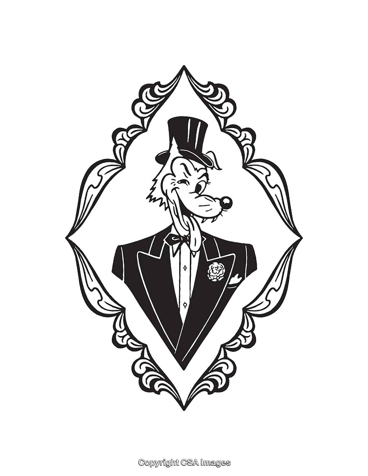 Elegant Vintage Wolf in Top Hat Framed in Classic Decorative Frame