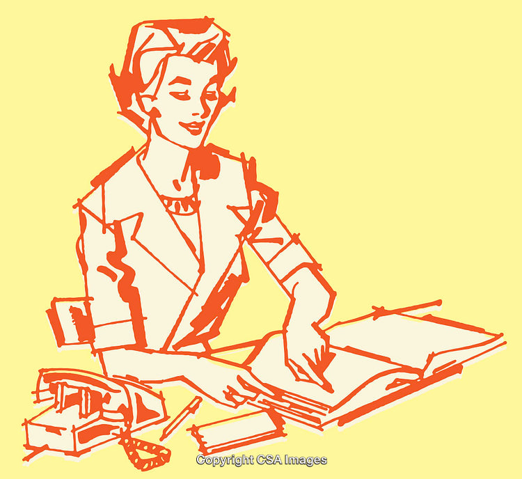 Line Art Illustration of a Professional Woman Working at a Desk
