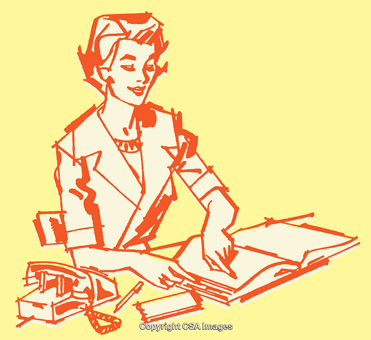 Line Art Illustration of a Professional Woman Working at a Desk