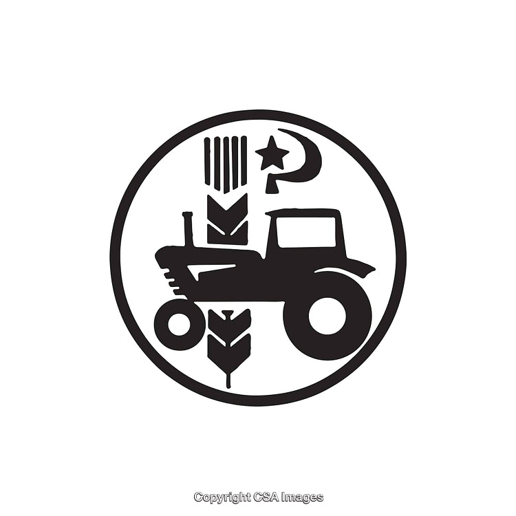Black and White Icon Depicting Agriculture with Tractor and Crops
