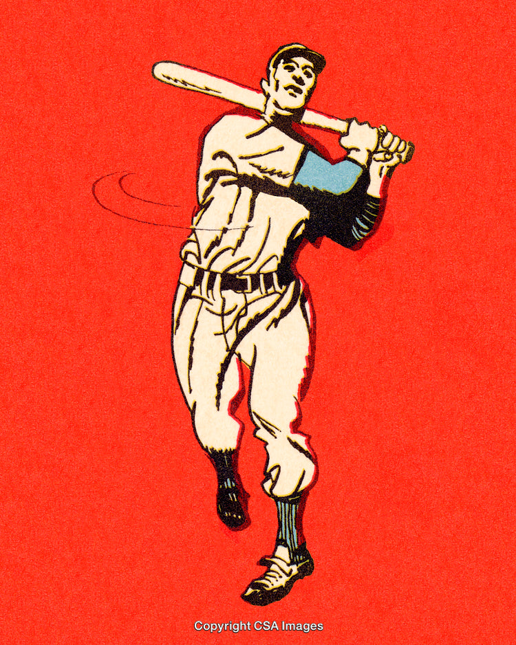 Illustration of a Baseball Player in Action on a Bold Red Background