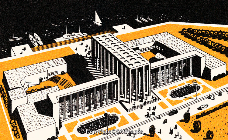 Mid-Century Architectural Design of a Waterside Complex Illustration