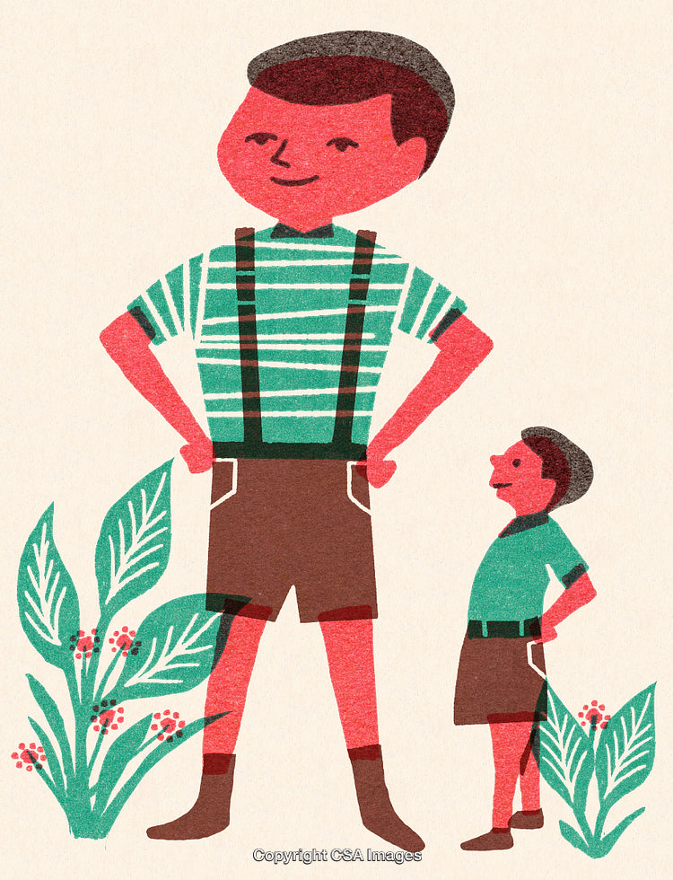 Illustration of a Boy and His Smaller Mirror Reflection in Vintage Style