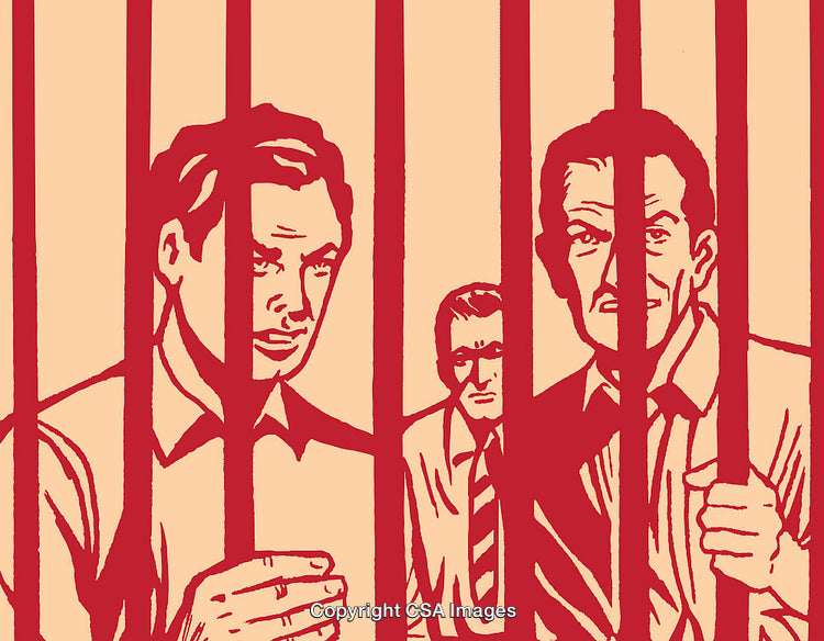 Illustration of Men Behind Bars in Enclosure with Serious Expressions