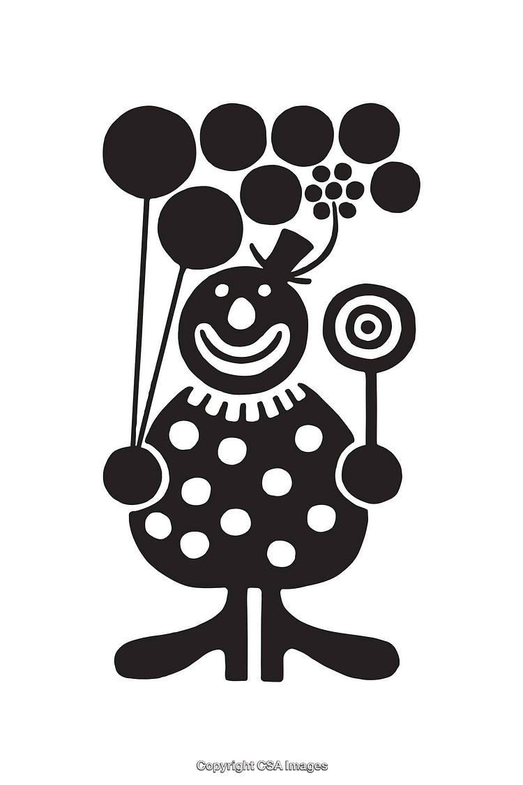 Black and White Clown Illustration with Balloons and Lollipop