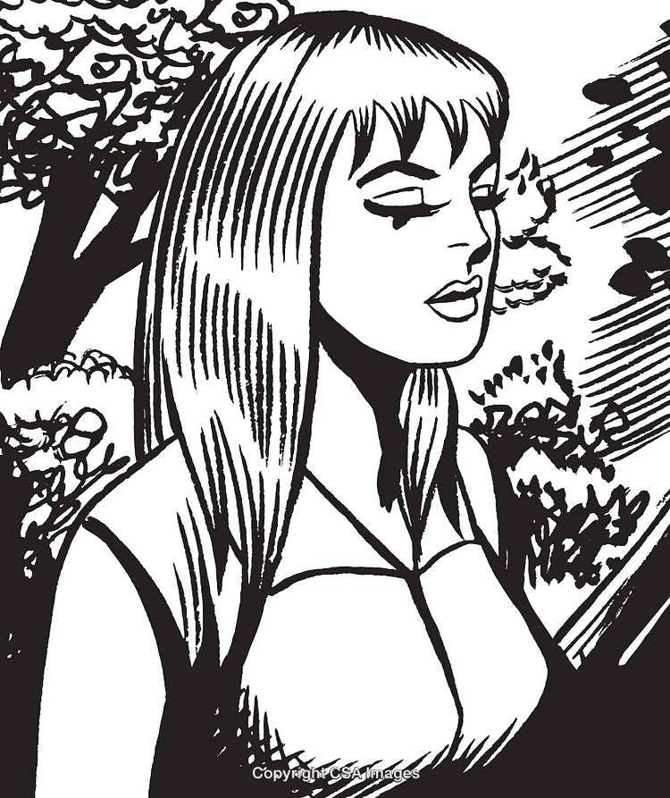 Black and White Illustration of a Woman in a Natural Setting
