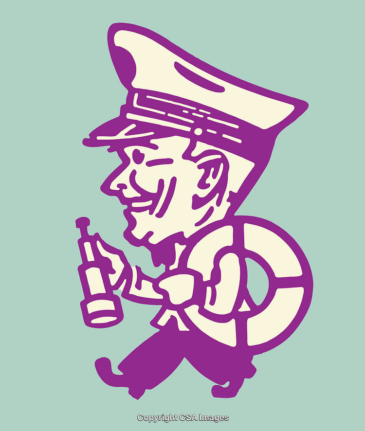 Vintage Styled Line Art Illustration of a Sailor Holding a Bottle and Lifesaver