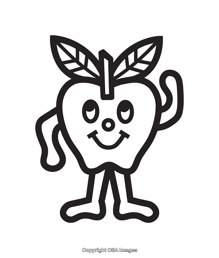 Cute Black and White Illustration of a Smiling Cartoon Apple Character