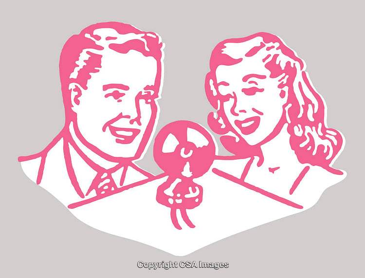 Retro Color Line Art Illustration of a Smiling Family Scene
