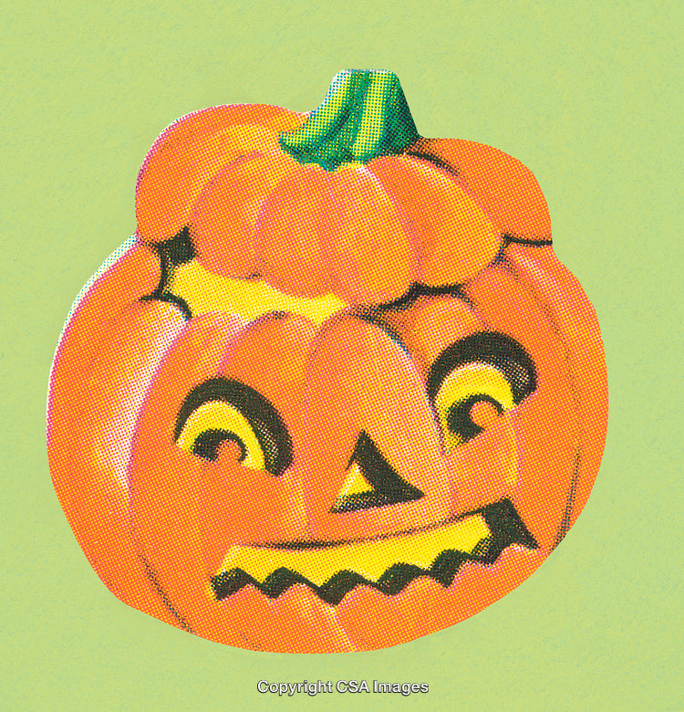 Smiling Halloween Pumpkin Illustration with Vibrant Colors on a Green Background
