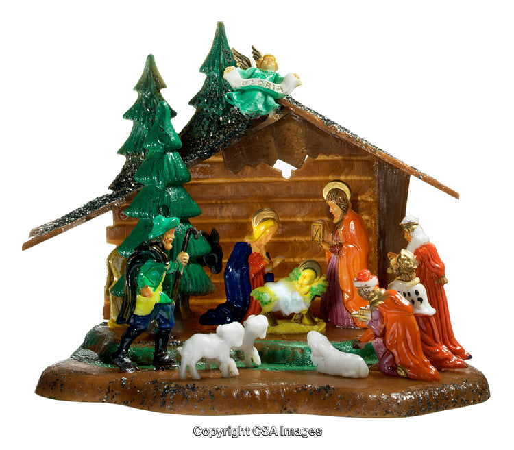 Colorful Nativity Scene Figurine with Christmas Decor Details and Holy Characters