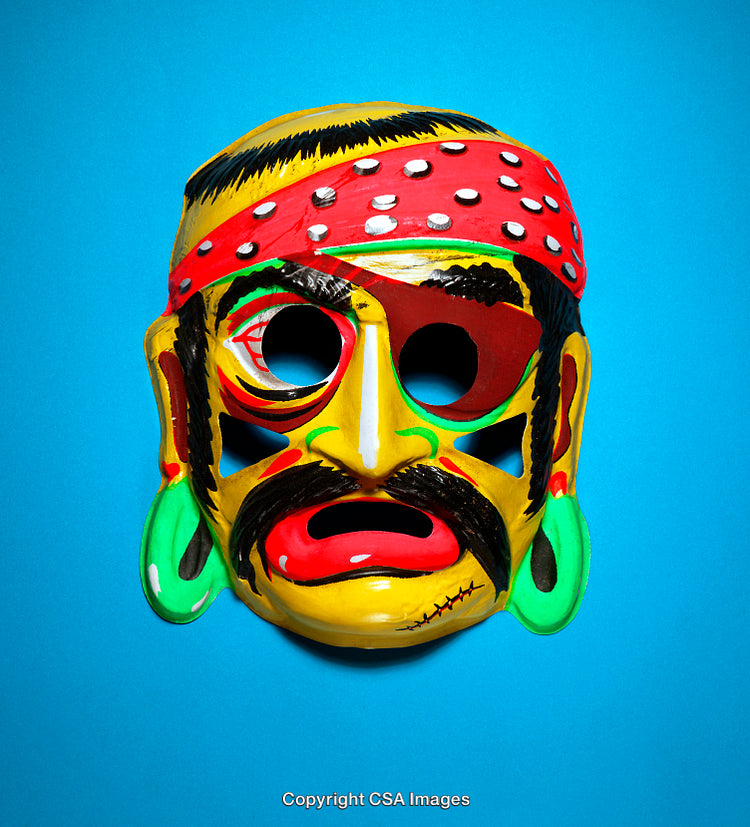 Colorful Traditional Mask Against Bright Blue Background Showing Art and Culture