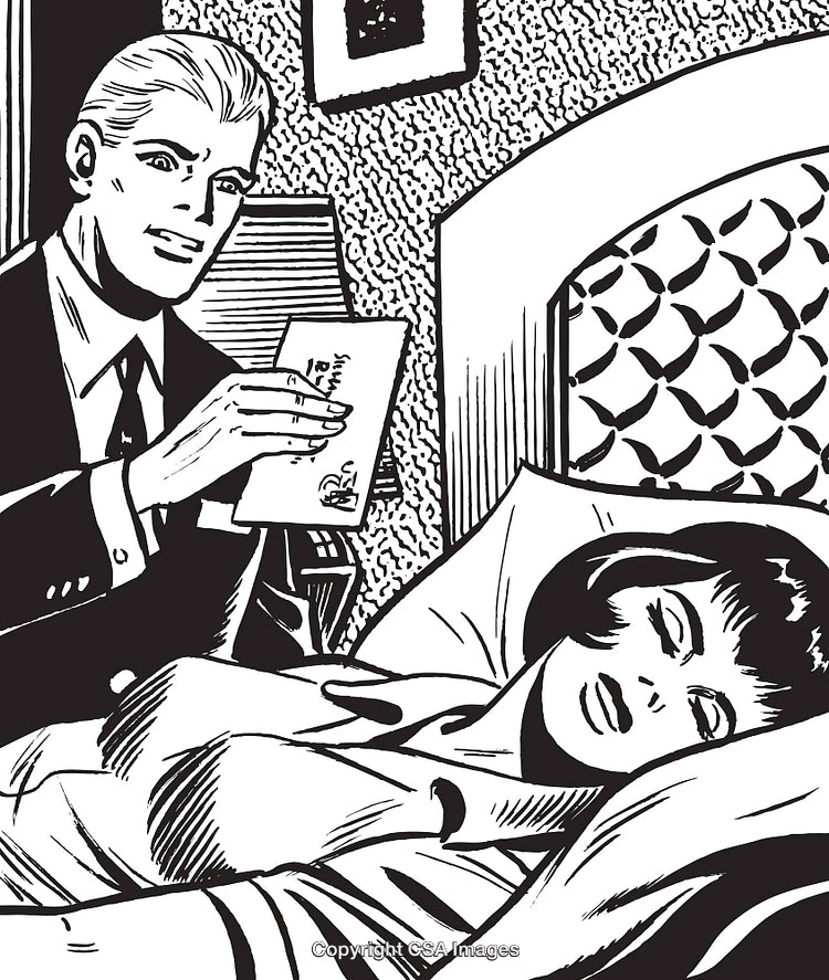 Retro Illustration Depicting a Concerned Man Holding a Letter near a Sleeping Woman