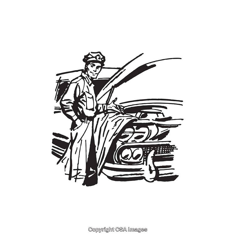 Black and White Line Art of a Worker and Classic Car Scene