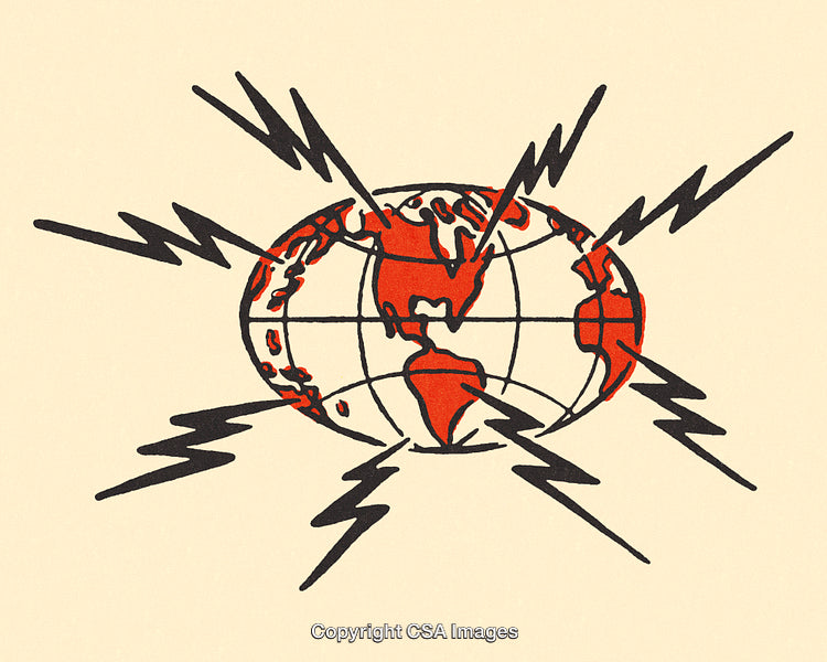 Vintage Illustration of the Globe with Radiating Signals in Red and Black