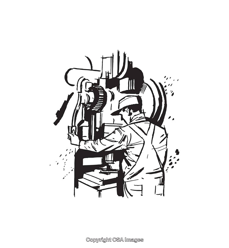 Worker Operating Industrial Machine in Black and White Line Art Illustration
