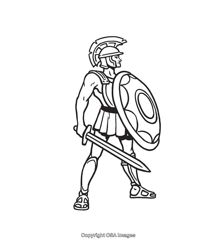 Black and White Line Art of a Roman Soldier with Shield and Sword