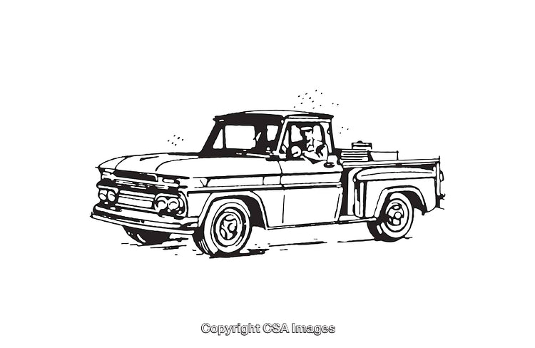 Vintage Line Art Illustration of a Classic Pickup Truck in Black and White